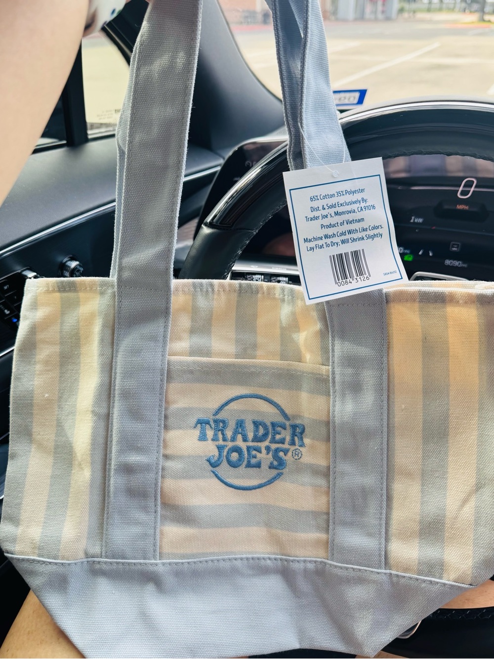 Trader Joe's Striped Canvas Tote in Cream & Light Blue